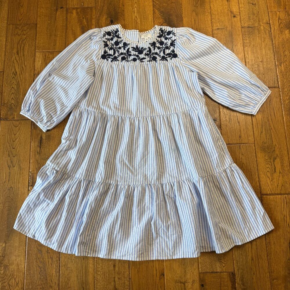 Crown & Ivy Blue White Stripe Boho Peasant Bell Sleeve Cotton Tiered Dress XS